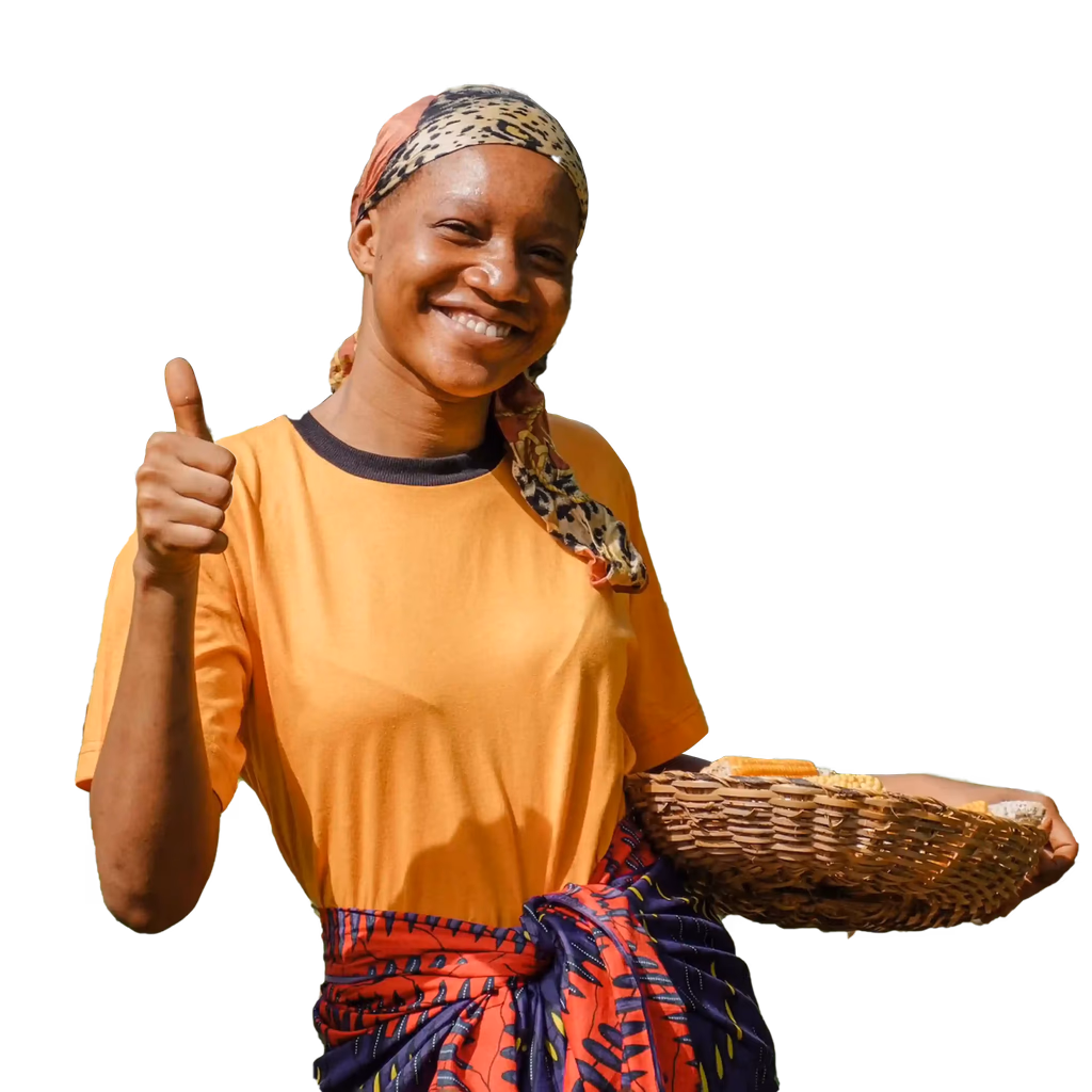 Smiling African farmer giving thumbs up while holding a basket